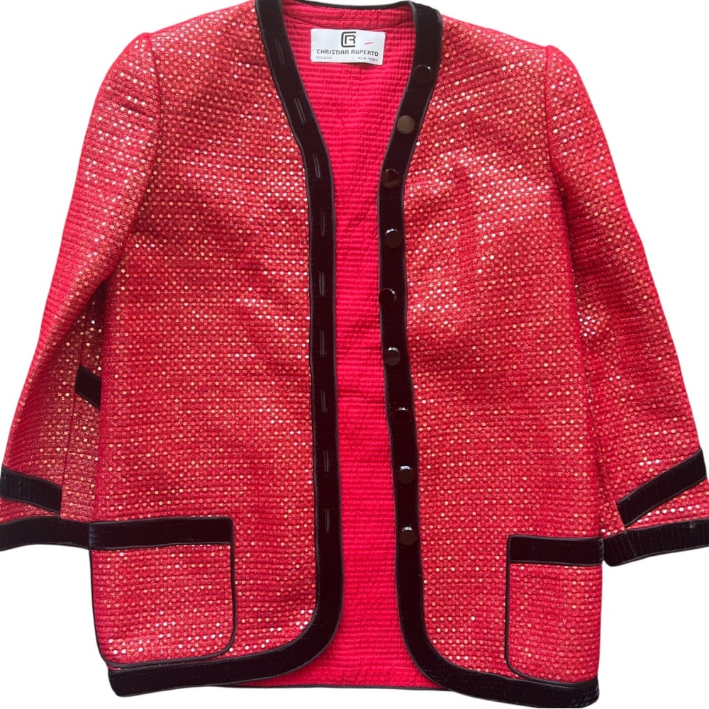 Christian Ruperto Sequin Tweed Velvet Trim Blazer Holiday Party